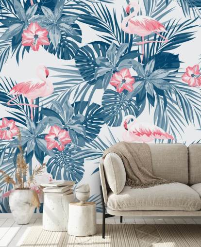 Blaue und rosa Flamingo-Tapete