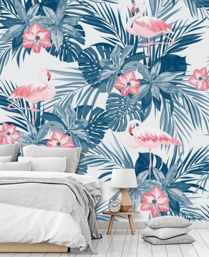 Papel Pintado Flamencos Azul y Rosa
