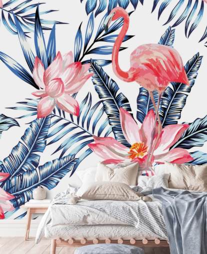 Flamingo och palmblad väggmålning