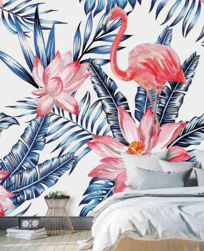 Flamingo og palmeblade vægmaleri