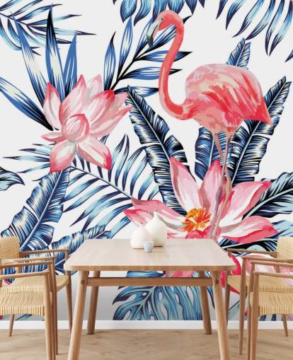 Flamingo och palmblad väggmålning