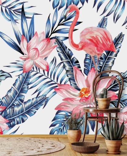 Flamingo and Palm Leaves Wall Mural