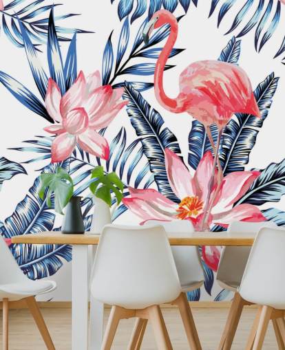 Flamingo and Palm Leaves Wall Mural
