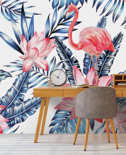 Flamingo and Palm Leaves Wall Mural