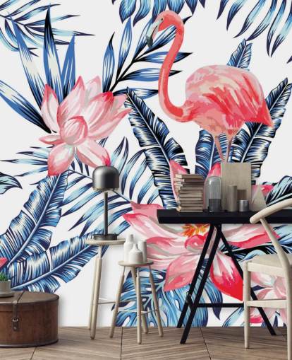 Flamingo and Palm Leaves Wall Mural