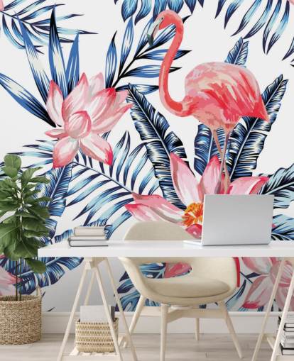Flamingo and Palm Leaves Wall Mural
