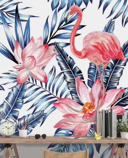 Flamingo and Palm Leaves Wall Mural