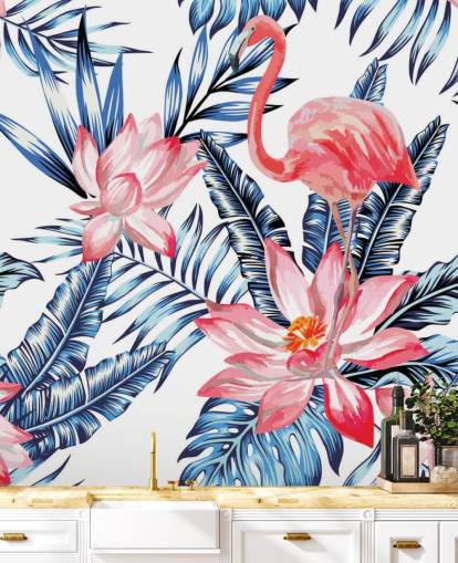Flamingo and Palm Leaves Wall Mural