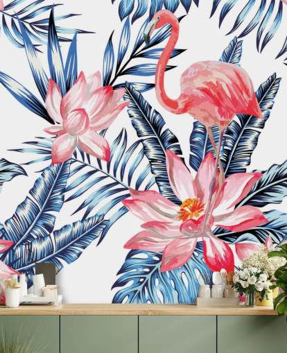 Flamingo and Palm Leaves Wall Mural