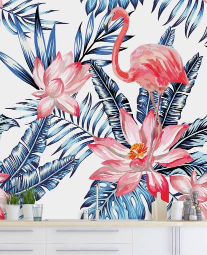 Flamingo og Palm Leaves Veggmaleri