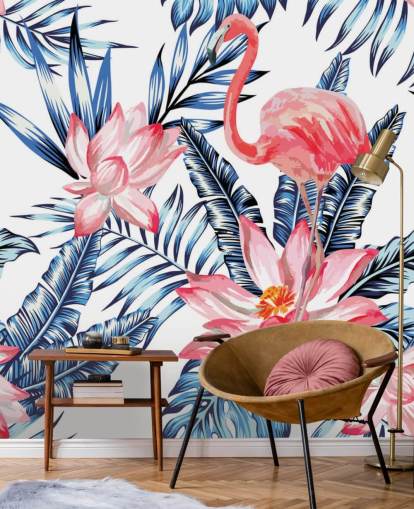 Flamingo and Palm Leaves Wall Mural