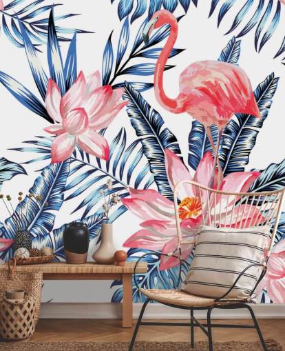 Flamingo and Palm Leaves Wall Mural