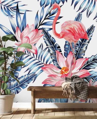 Flamingo and Palm Leaves Wall Mural