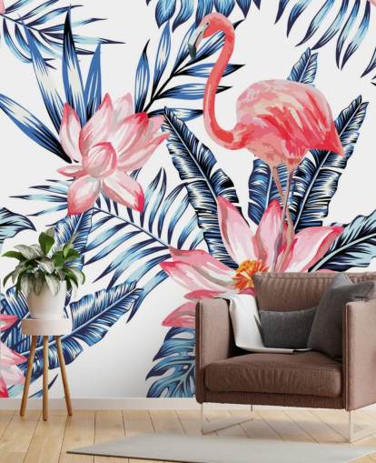 Décoration murale flamant rose et feuilles de palmier