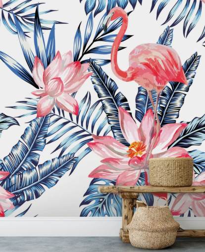 Flamingo and Palm Leaves Wall Mural