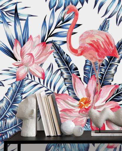 Flamingo och palmblad väggmålning