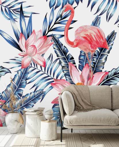 Flamingo and Palm Leaves Wall Mural