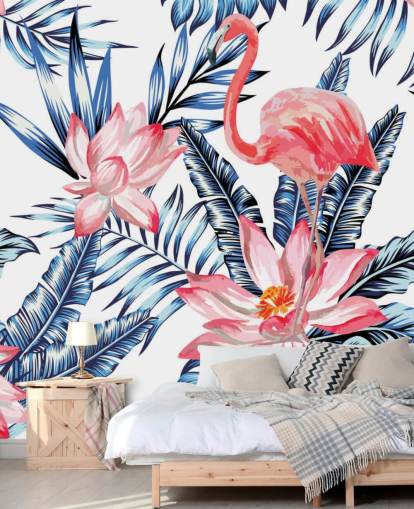 Flamingo and Palm Leaves Wall Mural
