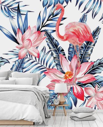 Flamingo and Palm Leaves Wall Mural