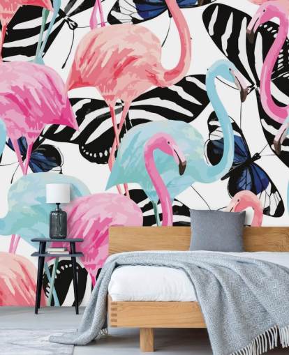 roze en blauwe flamingo muurschildering genaamd Flamingos with Butterflies roze en blauwe flamingo muurschildering genaamd Flamingos with Butterflies