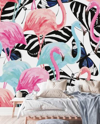 pink and blue flamingo wallpaper mural called Flamingos with Butterflies pink and blue flamingo wallpaper mural called Flamingos with Butterflies