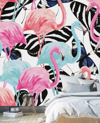 mural de papel de parede de flamingo rosa e azul chamado Flamingos with Butterflies mural de papel de parede de flamingo rosa e azul chamado Flamingos with Butterflies