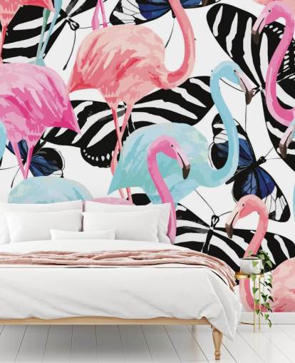 papier peint mural de flamants roses et bleus appelé Flamingos avec papillons papier peint mural de flamants roses et bleus appelé Flamingos avec papillons