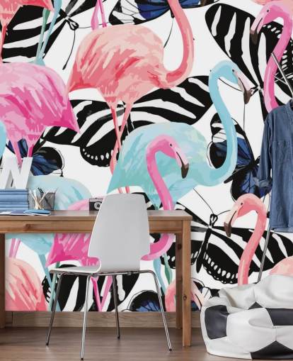 rosa och blå flamingo tapetväggmålning kallad Flamingos med fjärilar