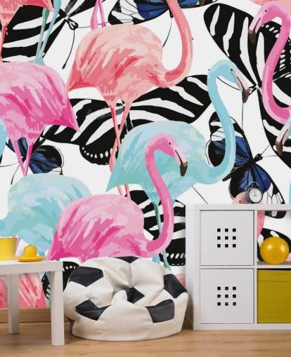 roze en blauwe flamingo muurschildering genaamd Flamingos with Butterflies