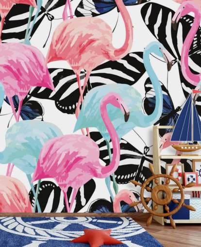 pink and blue flamingo wallpaper mural called Flamingos with Butterflies