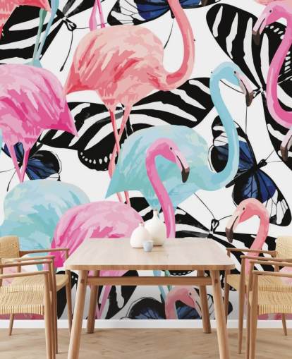 pink and blue flamingo wallpaper mural called Flamingos with Butterflies pink and blue flamingo wallpaper mural called Flamingos with Butterflies