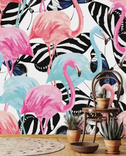 mural de papel de parede de flamingo rosa e azul chamado Flamingos with Butterflies mural de papel de parede de flamingo rosa e azul chamado Flamingos with Butterflies