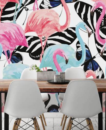 pink and blue flamingo wallpaper mural called Flamingos with Butterflies