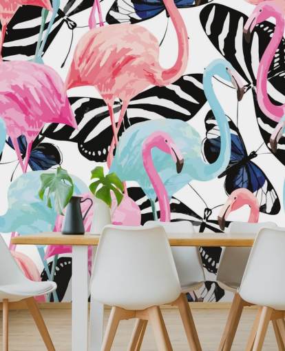 roze en blauwe flamingo muurschildering genaamd Flamingos with Butterflies roze en blauwe flamingo muurschildering genaamd Flamingos with Butterflies