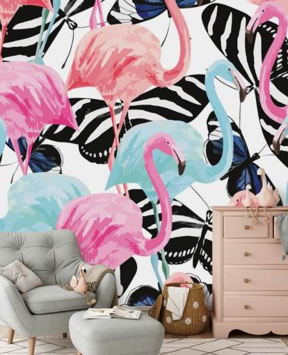 rosa og blå flamingo tapetmaleri kalt Flamingos med sommerfugler