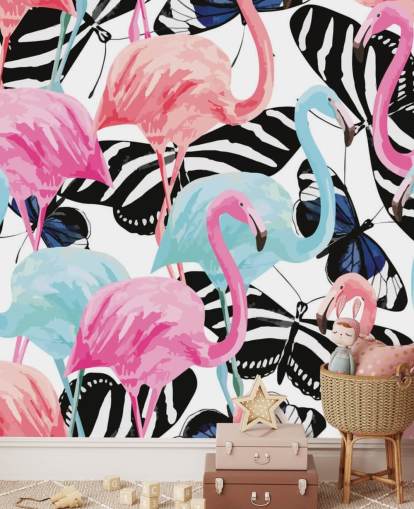 mural de papel de parede de flamingo rosa e azul chamado Flamingos with Butterflies