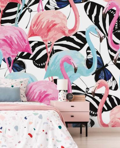rosa och blå flamingo tapetväggmålning kallad Flamingos med fjärilar