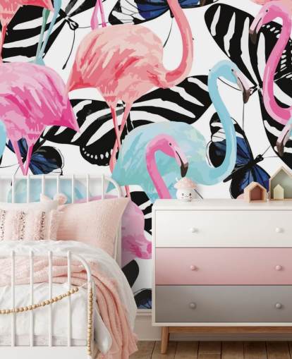 rosafarbenes und blaues Flamingo-Tapetenbild namens Flamingos mit Schmetterlingen