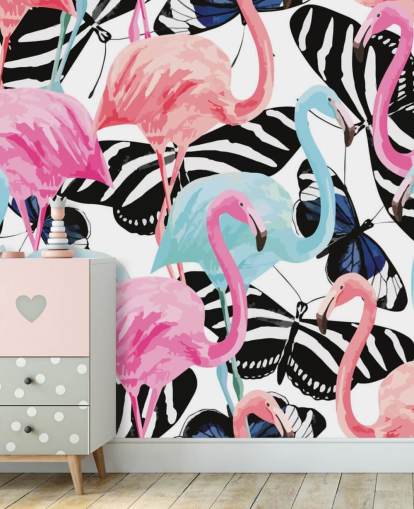 pink and blue flamingo wallpaper mural called Flamingos with Butterflies pink and blue flamingo wallpaper mural called Flamingos with Butterflies