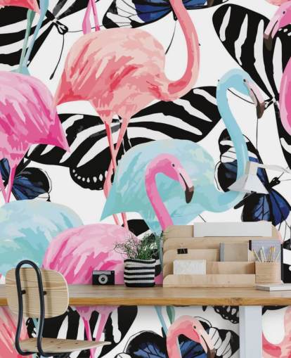 pink and blue flamingo wallpaper mural called Flamingos with Butterflies