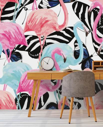 carta da parati murale con fenicotteri rosa e blu chiamato Fenicotteri con farfalle