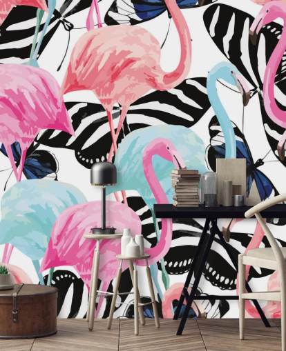 roze en blauwe flamingo muurschildering genaamd Flamingos with Butterflies