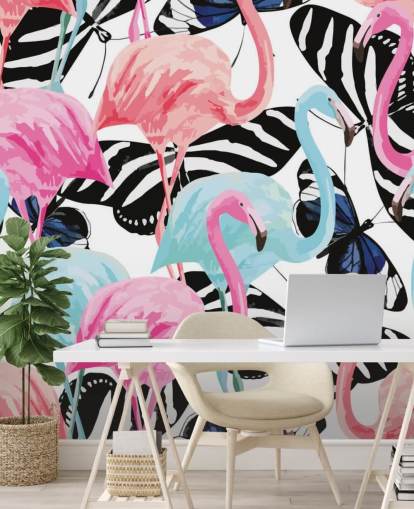 rosa og blå flamingo tapetmaleri kalt Flamingos med sommerfugler