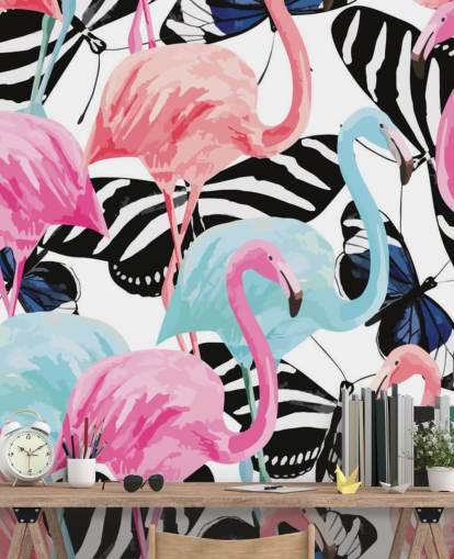 mural de papel pintado de flamencos rosas y azules llamado Flamencos con mariposas
