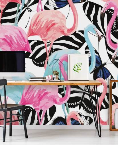 papier peint mural de flamants roses et bleus appelé Flamingos avec papillons papier peint mural de flamants roses et bleus appelé Flamingos avec papillons
