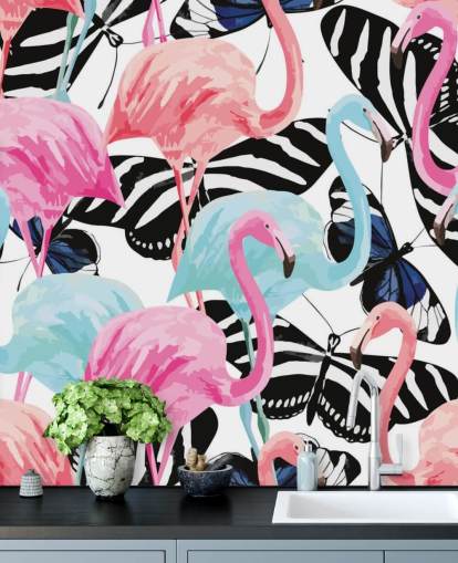 pink and blue flamingo wallpaper mural called Flamingos with Butterflies