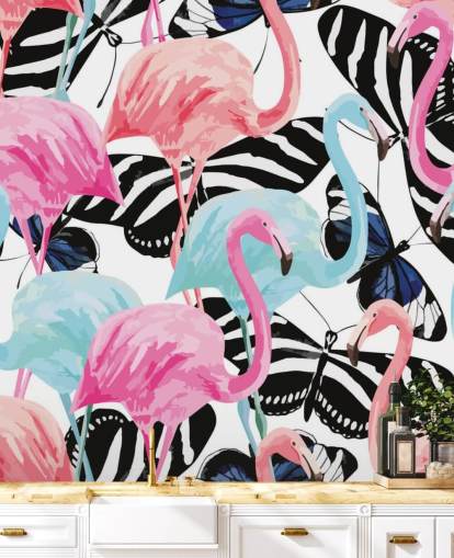 mural de papel pintado de flamencos rosas y azules llamado Flamencos con mariposas