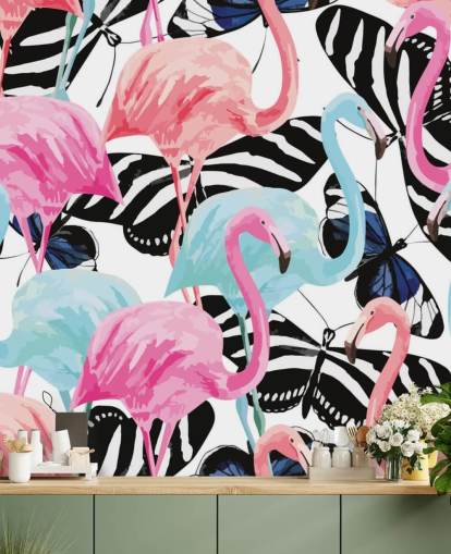 rosafarbenes und blaues Flamingo-Tapetenbild namens Flamingos mit Schmetterlingen rosafarbenes und blaues Flamingo-Tapetenbild namens Flamingos mit Schmetterlingen