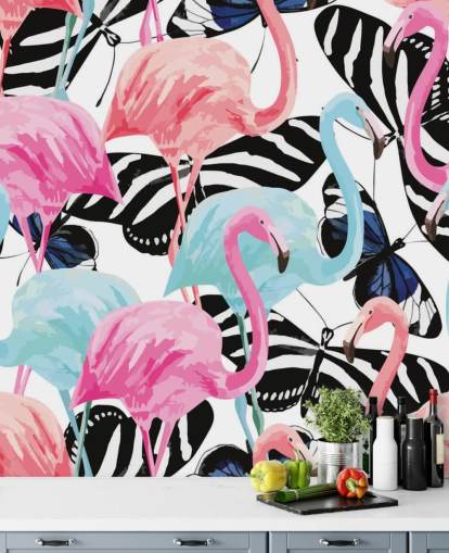 lyserødt og blåt flamingo tapetmaleri kaldet Flamingoer med sommerfugle