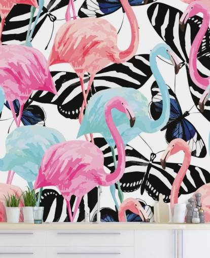rosafarbenes und blaues Flamingo-Tapetenbild namens Flamingos mit Schmetterlingen